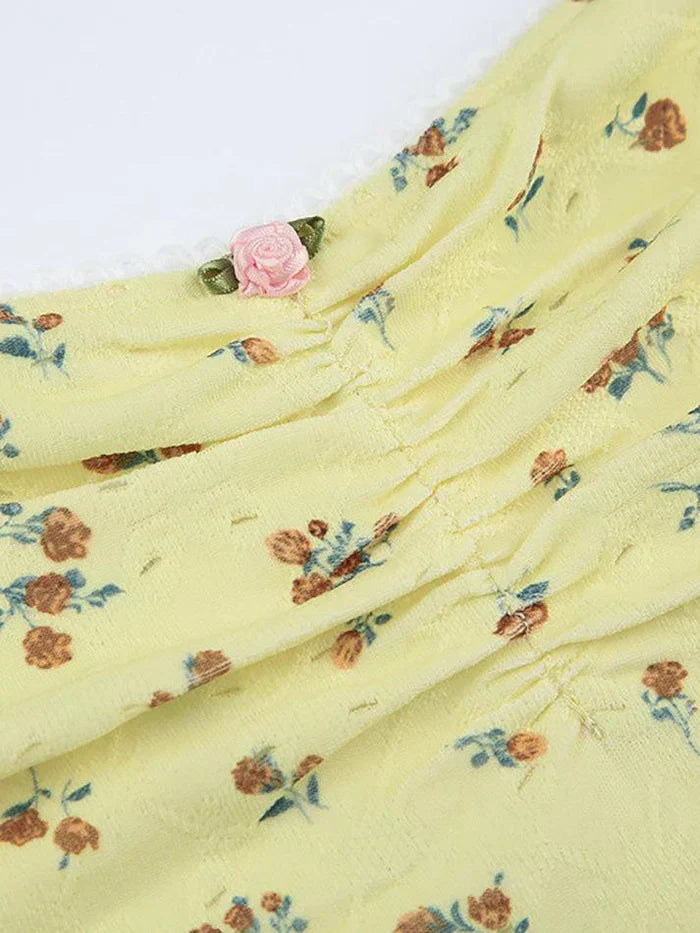 YELLOW FLORAL STRAPLESS TOP SLIM FIT SLEEVELESS DESIGN