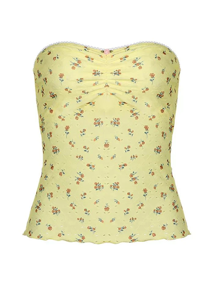 YELLOW FLORAL STRAPLESS TOP SLIM FIT SLEEVELESS DESIGN