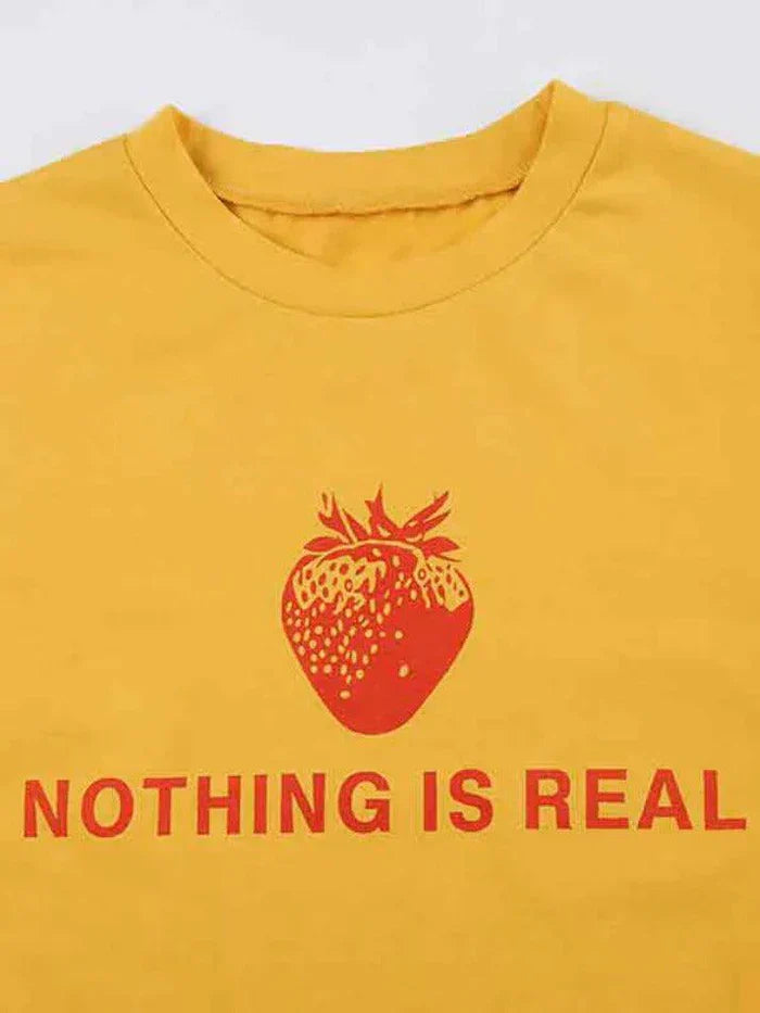 YELLOW SLIM FIT T-SHIRT WITH NOTHING IS REAL TEXT Y2K STYLE