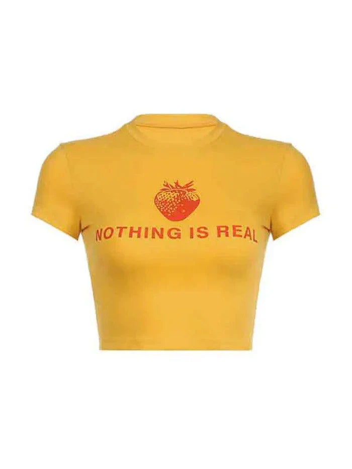 YELLOW SLIM FIT T-SHIRT WITH NOTHING IS REAL TEXT Y2K STYLE