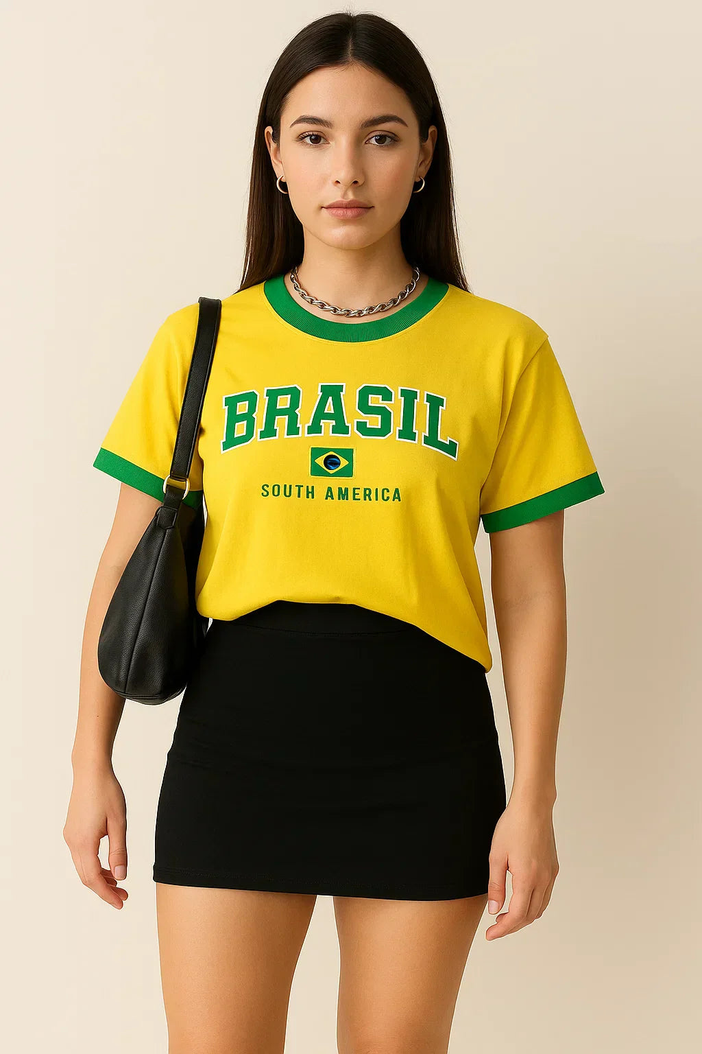 YELLOW T-SHIRT WITH GREEN TRIM FOR CASUAL WEAR