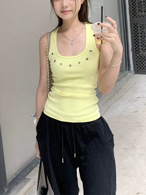 YELLOW TANK TOP AND BLACK SWEATPANTS SET IN SOFT KNIT FABRIC