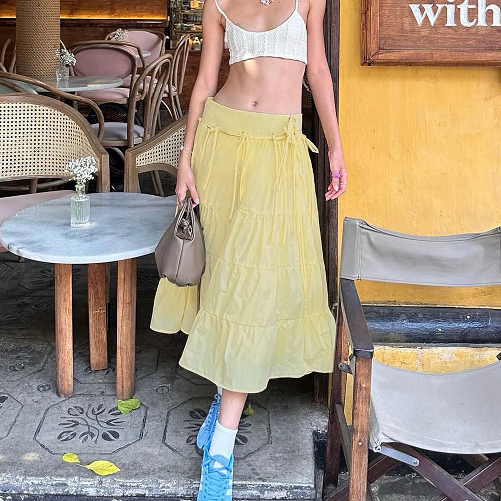 YELLOW TIERED MAXI SKIRT: PASTEL YELLOW DREAM