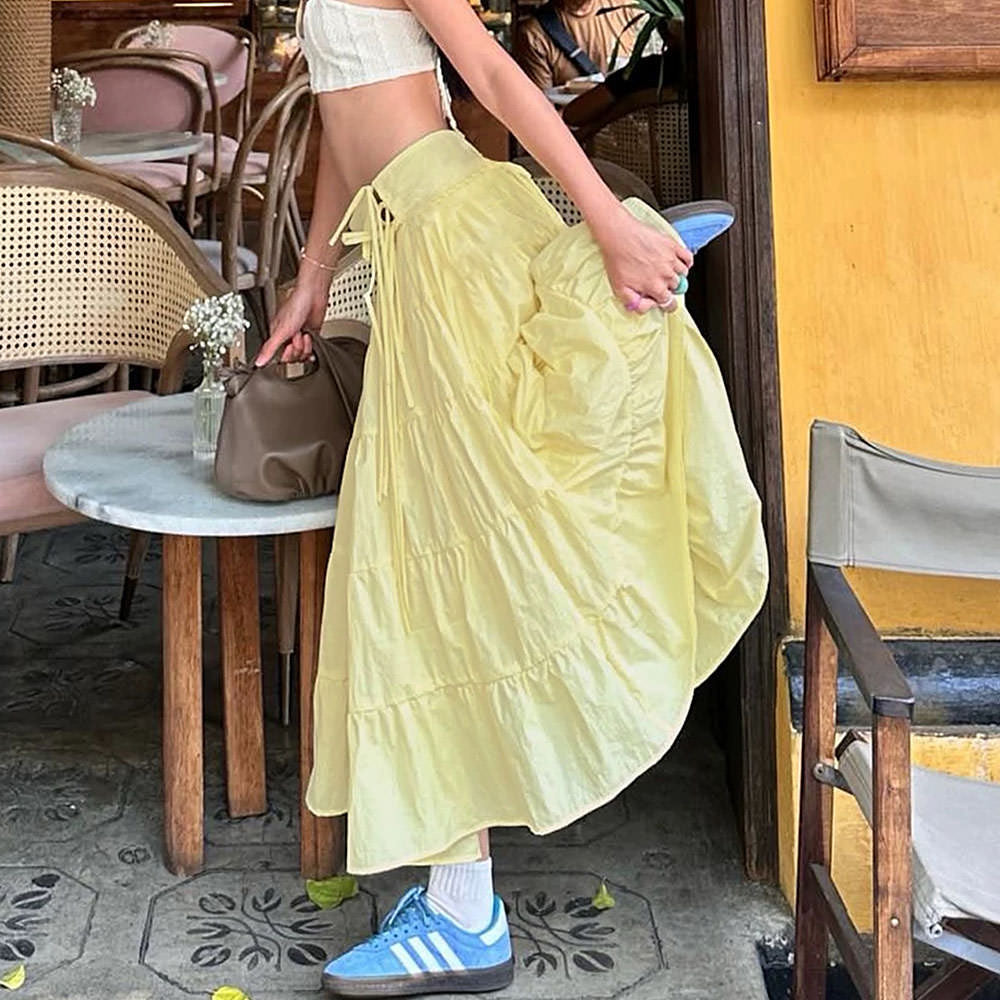 YELLOW TIERED MAXI SKIRT: PASTEL YELLOW DREAM