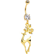 Clear CZ Gold Tone Anodized Prancing Reindeer Dangle Belly Ring
