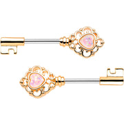 1/2 Pink Faux Opal Gold Tone Heart Key Barbell Nipple Ring Set