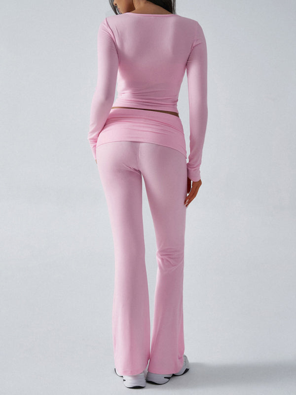 Pink long-sleeved top and flared pants set with lightweight feel for Yoga Wear Slim Fit Sports Knit Two-Piece Set