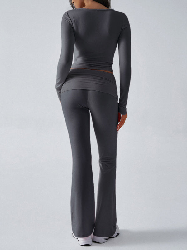 Gray long-sleeved top and flared pants set with lightweight feel in Yoga Wear Slim Fit style