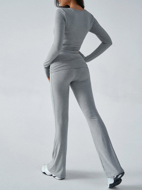 Gray ribbed knit pantsuit from Yoga Wear Slim Fit Sports Knit Two-Piece Set offering lightweight feel