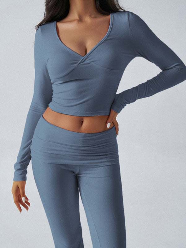 Blue long-sleeved crop top and pants set showcasing lightweight feel for Yoga Wear Slim Fit Sports Knit Two-Piece Set