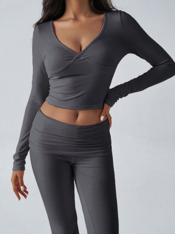 Gray long-sleeved crop top and pants set from Yoga Wear Slim Fit Sports Knit for lightweight feel