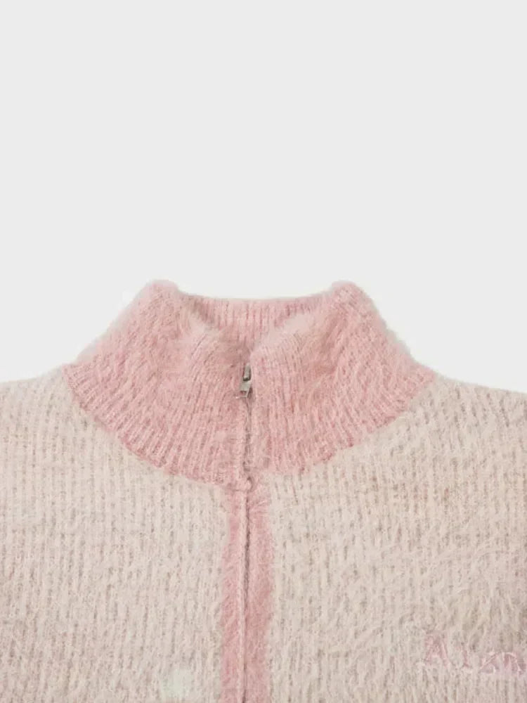 ZIP-UP SWEATER PINK AND WHITE UNISEX STREETWEAR PULLOVER JACKET