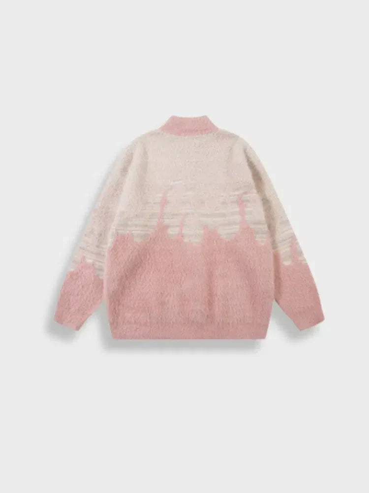 ZIP-UP SWEATER PINK AND WHITE UNISEX STREETWEAR PULLOVER JACKET