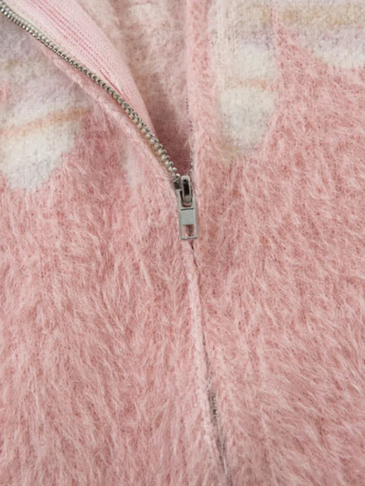 ZIP-UP SWEATER PINK AND WHITE UNISEX STREETWEAR PULLOVER JACKET
