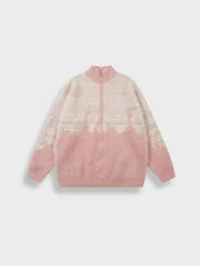 ZIP-UP SWEATER PINK AND WHITE UNISEX STREETWEAR PULLOVER JACKET