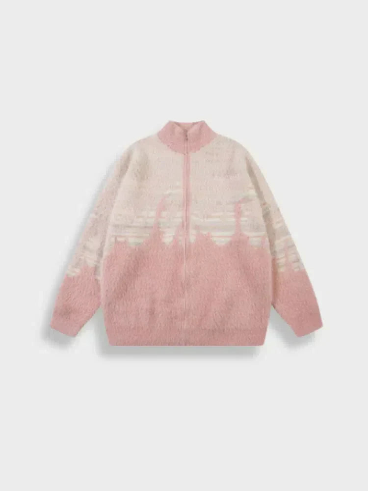 ZIP-UP SWEATER PINK AND WHITE UNISEX STREETWEAR PULLOVER JACKET