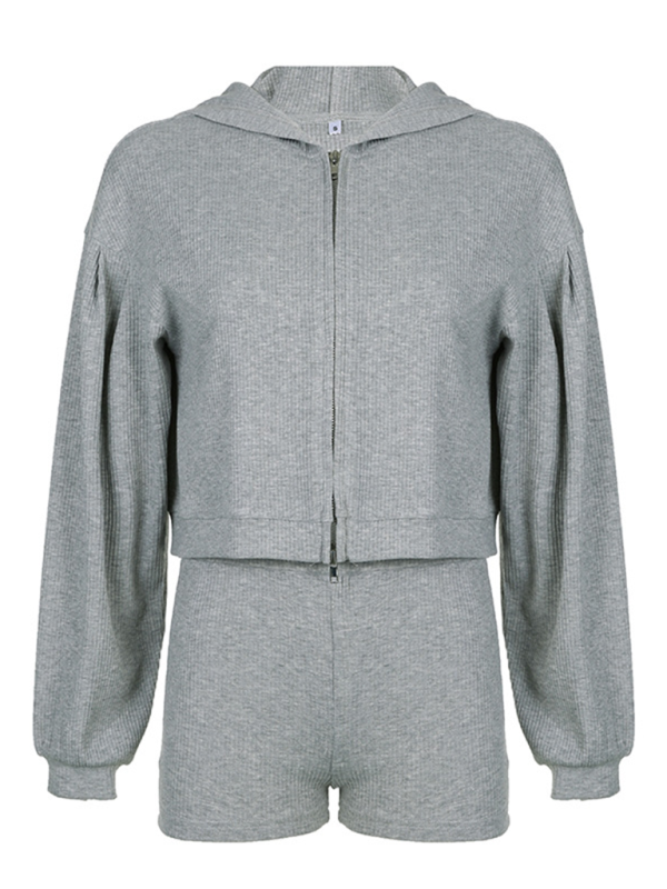 Zippered hooded cardigan sweatshirt V-neck triangle cup bra high waist shorts three-piece set