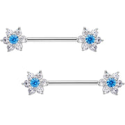 9/16 Aqua CZ Gem Summer Flower Petal Barbell Nipple Ring Set