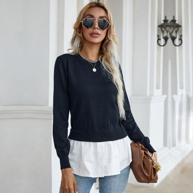 women's slim knitted stitching shirt fake two-piece sweater - Closther